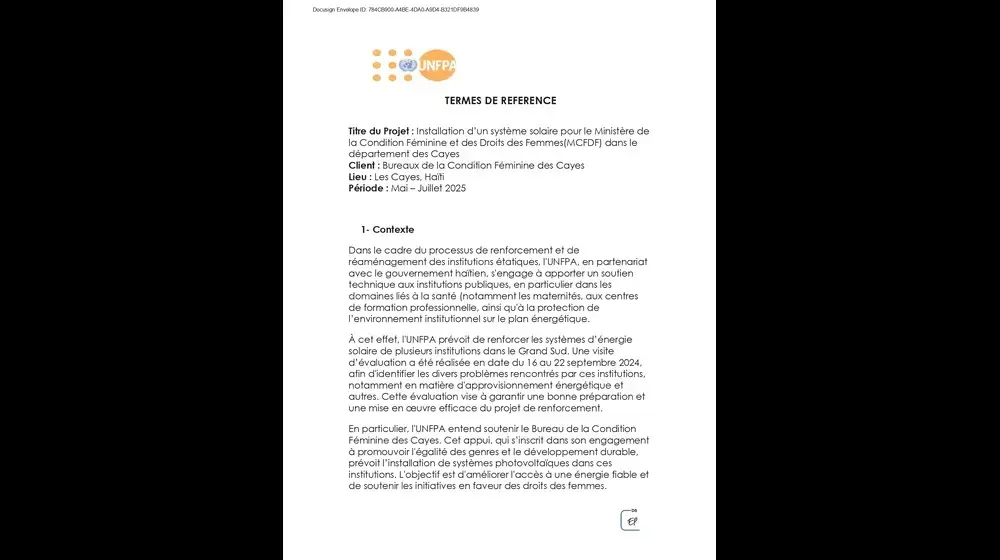 Lancement par l'UNFPA d'un avis de sollicitation en vue de sélectionner une entreprise spécialisée dans les systèmes d’énergie solaire